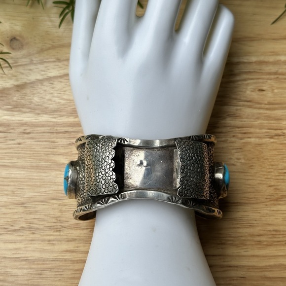 Hopi Artisan Clarence Lomayestewa Jewelry - Hopi Watch Bracelet Size 7 Bisbee‎ Turquoise Lizard Signed CL Sterling 95.4g USA